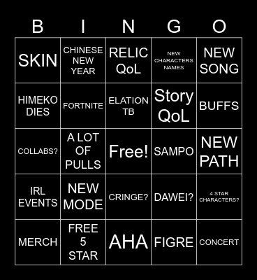 HSR 4.0 LIVESTREAM Bingo Card
