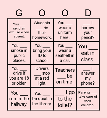 Obligation & Necessity. Bingo Card