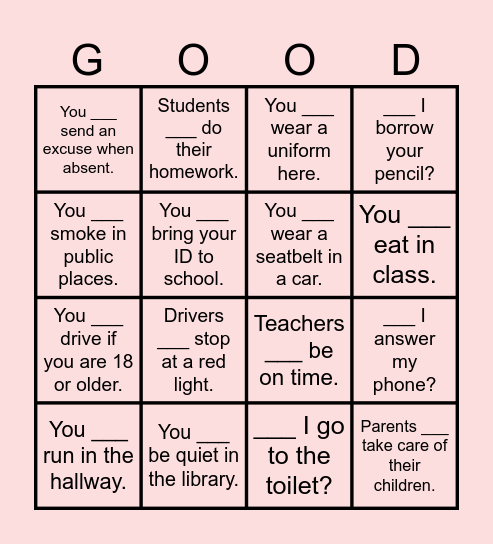 Obligation & Necessity. Bingo Card