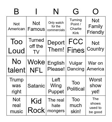 Half Time Show Outrage Bingo Card