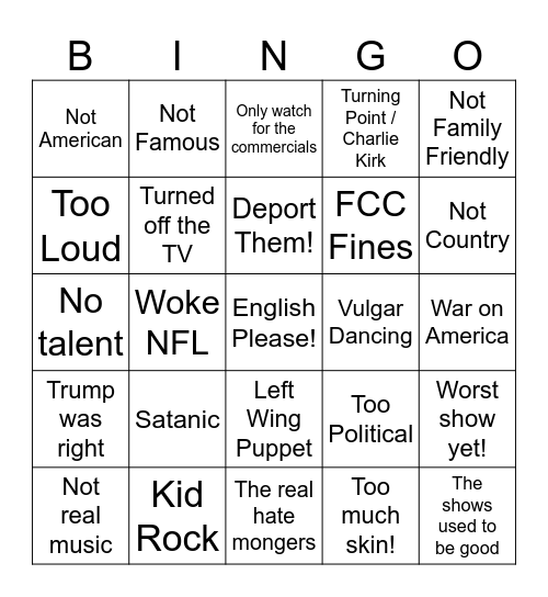 Half Time Show Outrage Bingo Card