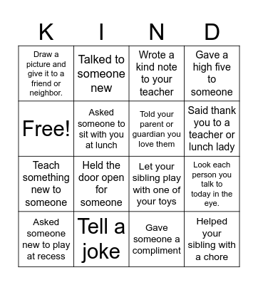 Kindness Bingo Card