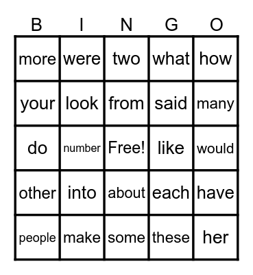 Most Common Words Bingo Card