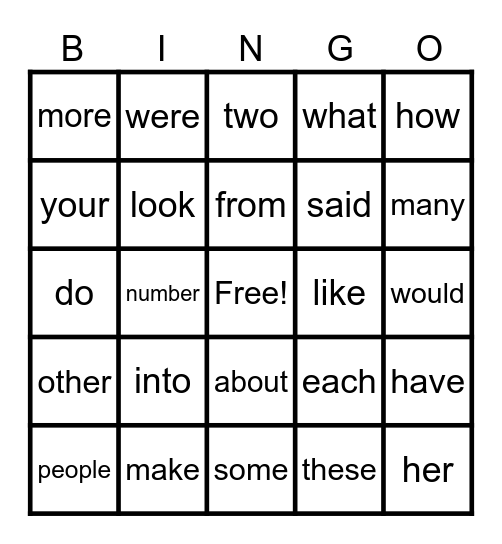 Most Common Words Bingo Card
