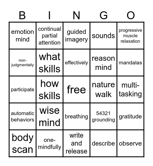 DBT Mindfulness Bingo Card
