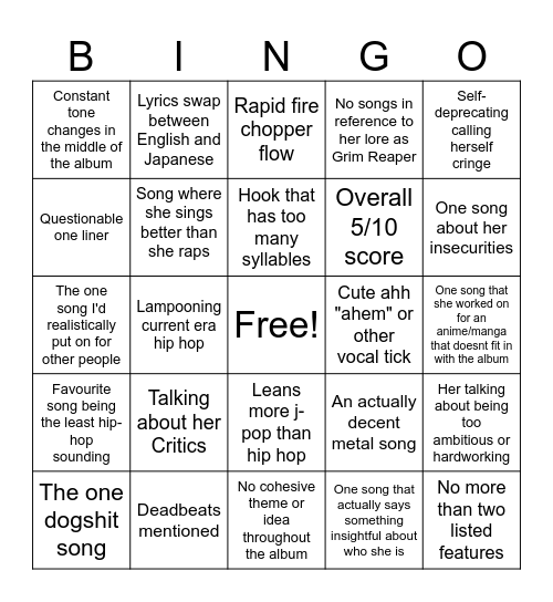 Mori Calliope Disasterpiece Calliopisms Bingo Card