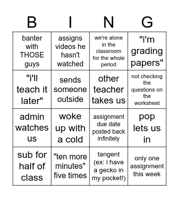 Turner Class Bingo Card