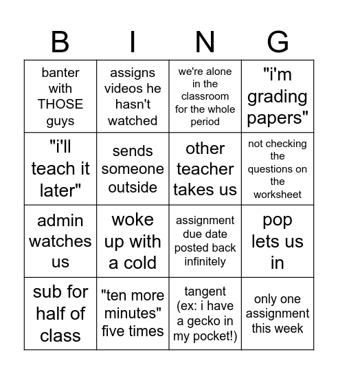 Turner Class Bingo Card