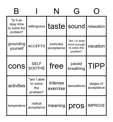 DBT Distress Tolerance Bingo Card