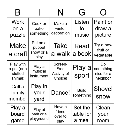 Screen Free Bingo Card