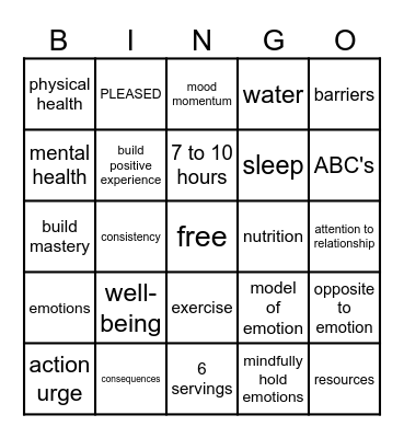 DBT Emotional Regulation Bingo Card