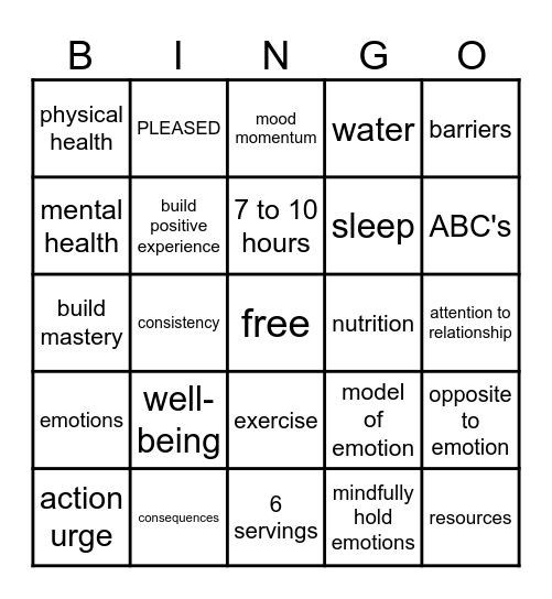 DBT Emotional Regulation Bingo Card