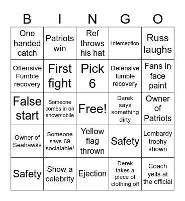 Super Bowl Bingo Card