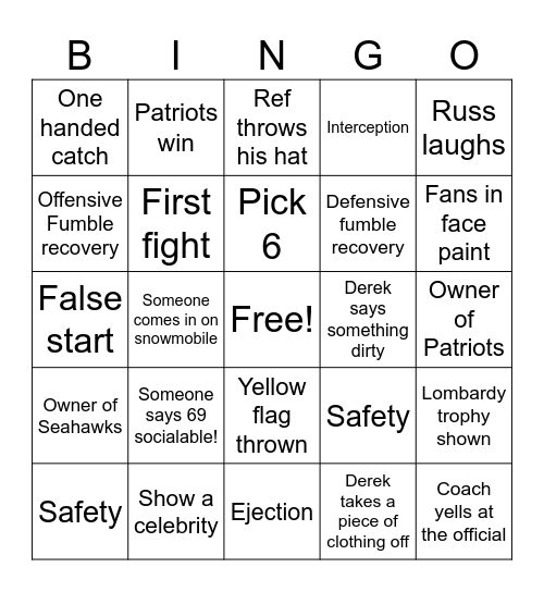 Super Bowl Bingo Card