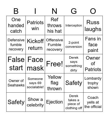 Super Bowl Bingo Card