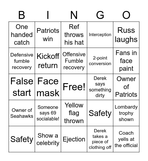 Super Bowl Bingo Card