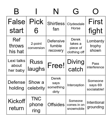 Super Bowl Bingo Card