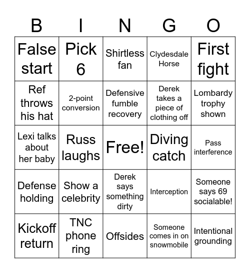Super Bowl Bingo Card