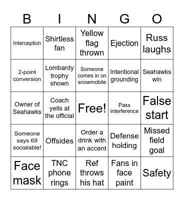 Super Bowl Bingo Card