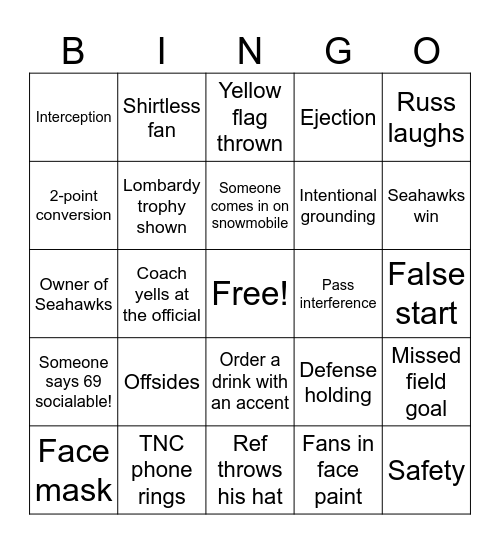 Super Bowl Bingo Card