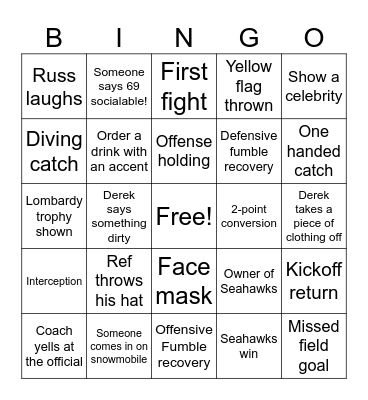 Super Bowl Bingo Card