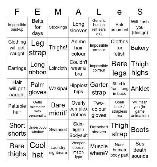 Mihoyo Teen/Adult Female Character Design Bingo Card