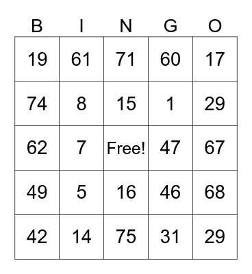 Number bingo Card