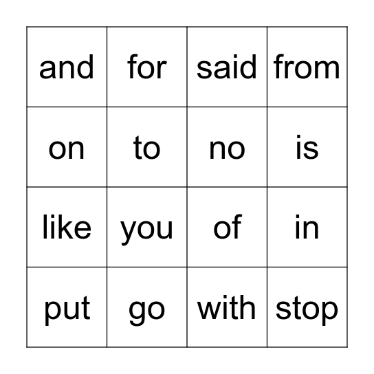 Kindergarten Red Word Bingo Card