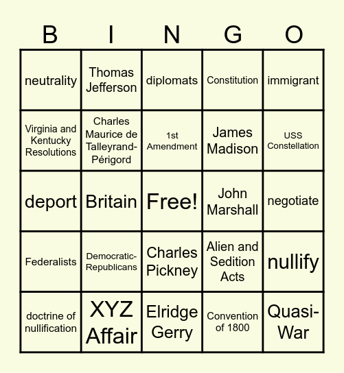 John Adam's Presidency Bingo Card
