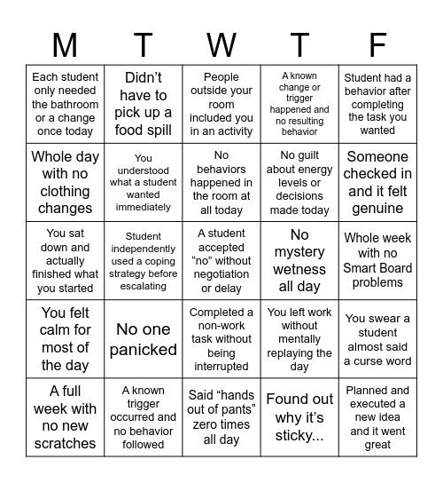Extremely Hard SPED Staff Bingo Card