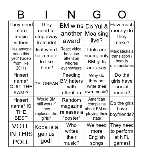 BM subreddit Bingo Card