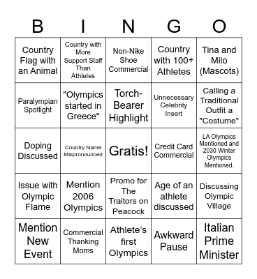 2026 Winter Olympics Opening Ceremony Bingo Card