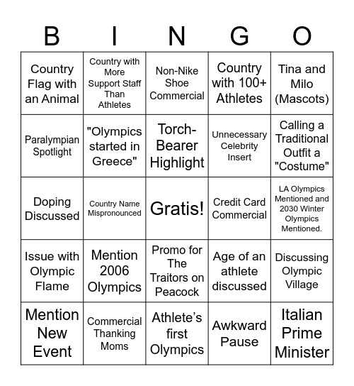 2026 Winter Olympics Opening Ceremony Bingo Card
