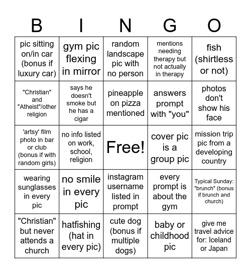 Christian Guys on Hinge Bingo Card Bingo Card