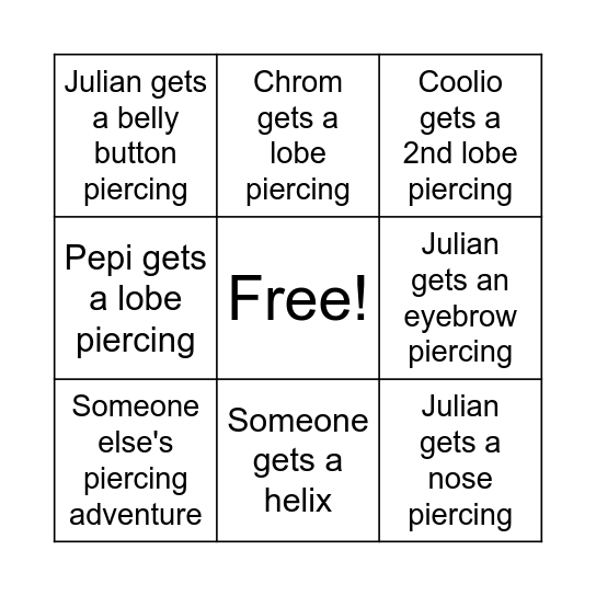 Piercing BINGO!!! Bingo Card