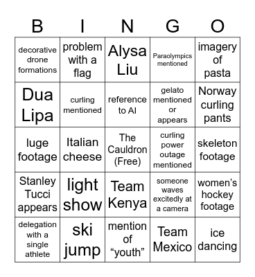 Olympics Opening Ceremony 2026 bingo Card