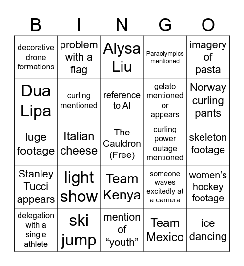 Olympics Opening Ceremony 2026 bingo Card