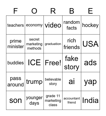 teacher Bingo Card
