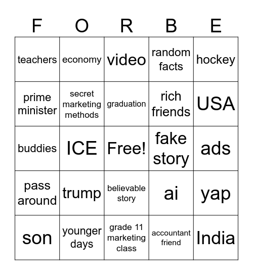 teacher Bingo Card