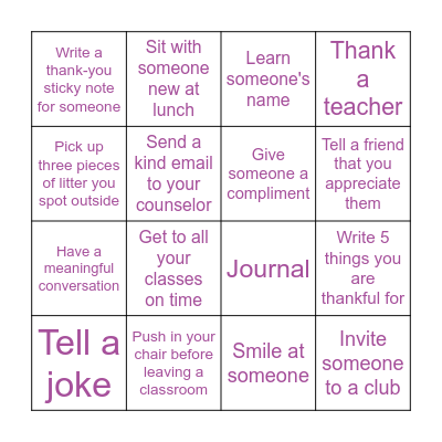 NHS Kindness Bingo Card