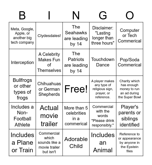 Blue Ocean Super Bowl Party 2026 Bingo Card