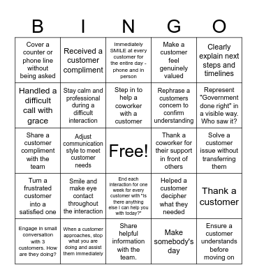 Customer Service Exemplified Bingo Card