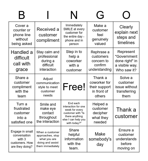 Customer Service Exemplified Bingo Card