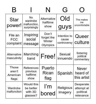 Super Bowl Halftime Show History Bingo Card