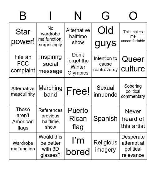 Super Bowl Halftime Show History Bingo Card