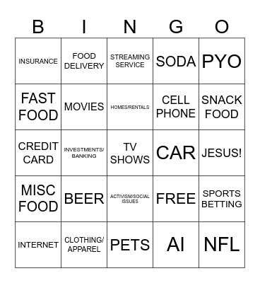 SUPER BOWL COMMERICAL BINGO Card