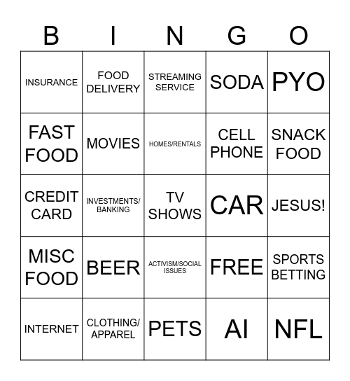 SUPER BOWL COMMERICAL BINGO Card