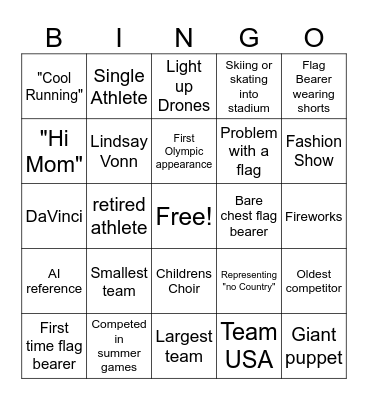 Opening Ceremonies Bingo Card
