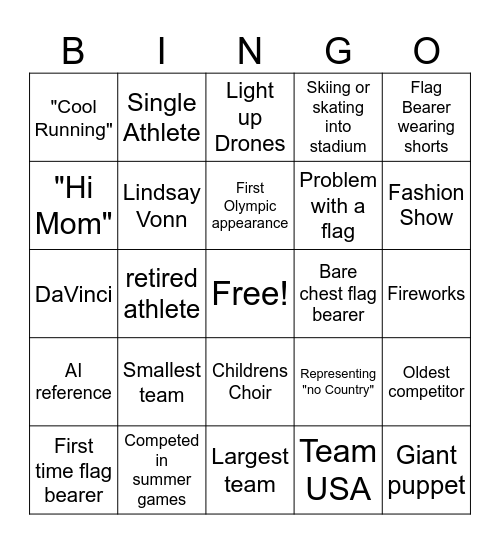 Opening Ceremonies Bingo Card