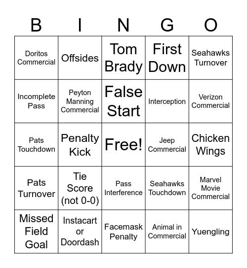 SuperBowl LX Bingo Card